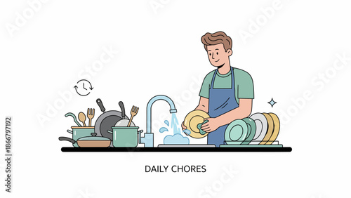 Man Doing Daily Dish Washing In Modern Kitchen.