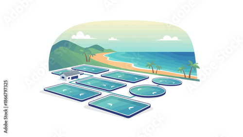 A vector illustration of a serene beach resort with pools and palm trees viewed from above