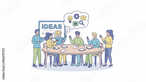 Team brainstorming session around a table with ideas floating above in a modern office environment vector illustration