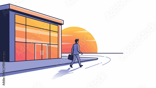 A lone businessman walking towards a modern building at sunset, vector illustration