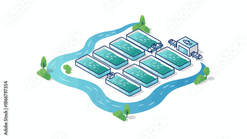 Vector illustration of a modern water treatment plant with multiple ponds surrounded by a winding river and lush greenery