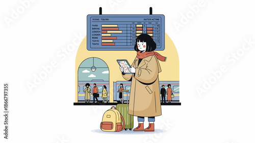 Traveler wearing mask checking smartphone in airport terminal.