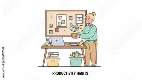 Woman working at desk with laptop and plant in a vector illustration of a productive office environment