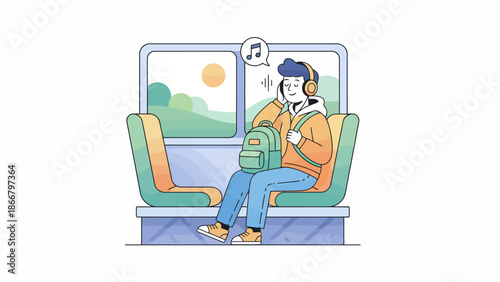 Man commuting alone on train with backpack, a vibrant vector illustration of daily urban lifestyle from an overhead viewpoint