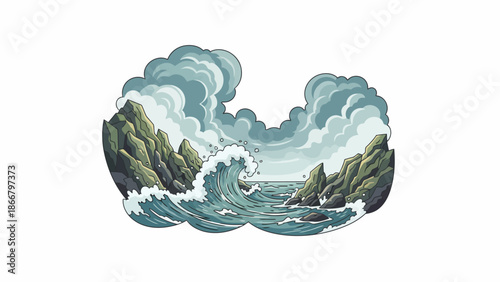 Serene ocean waves crashing against rocky cliffs vector illustration