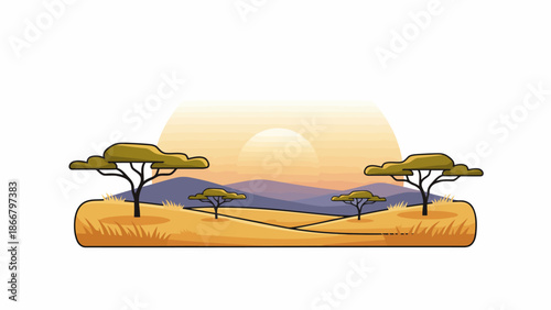 Serene savannah landscape with trees at sunset vector illustration