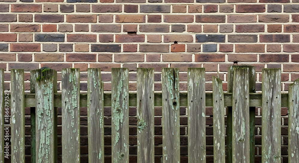 Obraz premium Weathered Wooden Fence Against A Brick Wall.