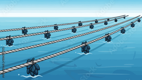 Multiple birds perched on power lines over the ocean in a serene vector illustration