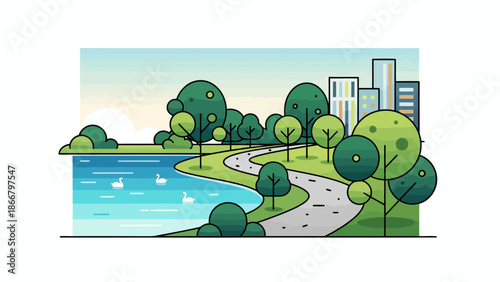 Tranquil Lakeside Park Pathway With Trees.