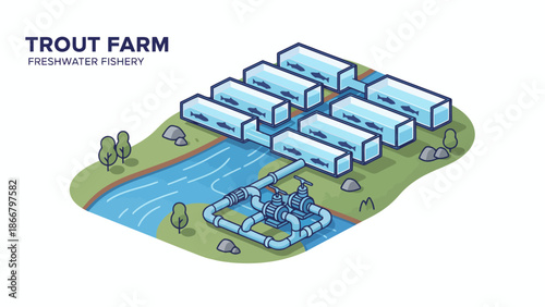Trout Farm Aquaculture Diagram with Water Ponds and Tanks.