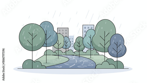 A serene vector illustration of a winding road through lush green trees in a city park on a rainy day