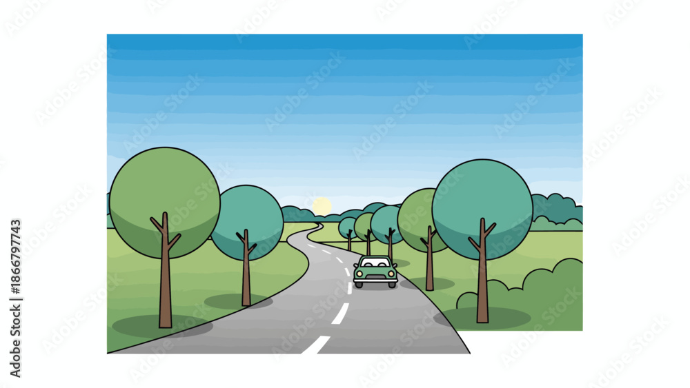 Fototapeta premium A serene landscape with trees and a winding road, depicted as a colorful vector illustration from a distant viewpoint