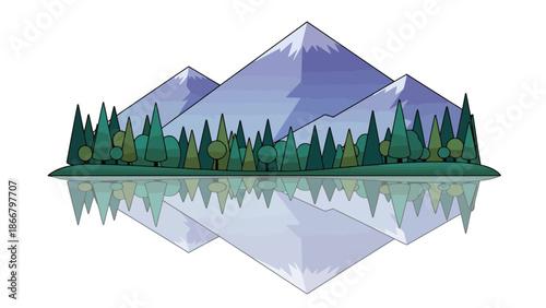 Serene Mountain Landscape with Reflection Vector Illustration Featuring Mountains, Trees, Lake, Nature, and Reflection