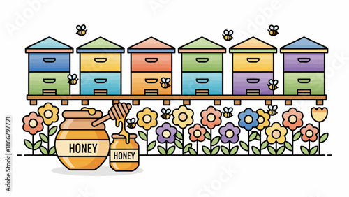 Colorful Beehives with Honey Jars and Flowers Vector Illustration