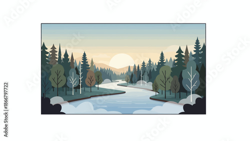 Tranquil winter river winding through forested mountains.