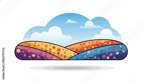 Colorful hills with hearts and clouds vector illustration