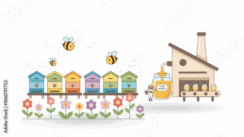 Colorful beehives and bees in a vibrant apiary scene with flowers and honey production facility in the background, vector illustration