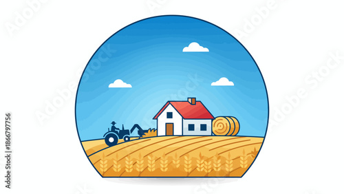 Serene Farmhouse Scene with Tractor on Golden Wheat Field Vector Illustration
