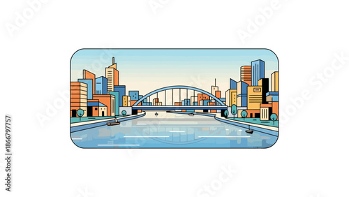 Cityscape vector illustration of a modern city with a bridge over a river in the daytime from a distant viewpoint