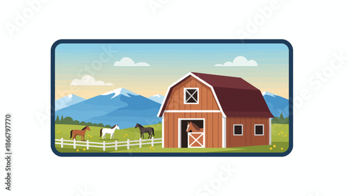 Rustic barn with horses in a fenced field, a serene vector illustration landscape with mountains