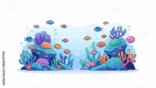 Underwater vector illustration of a vibrant ocean scene with fish, coral, and seaweed in a serene aquatic environment viewed from above
