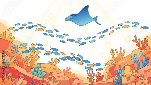 Vibrant underwater scene with a dolphin swimming above a school of fish, surrounded by colorful coral, vector illustration