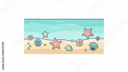 Serene Beach Scene with Starfish and Seashells Vector Illustration