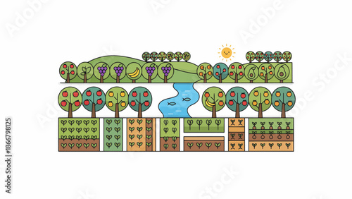 Lush Garden Scene Highlighting Trees Shrubs And Water Feature.