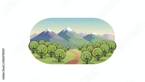 Cartoon Style Landscape With Mountains Hills And Trees.
