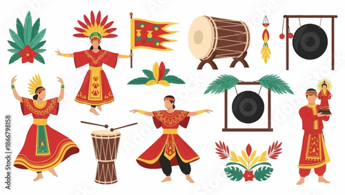 Traditional Indonesian Culture Dancers, Music, and Festive Elements in a Colorful Vector Illustration