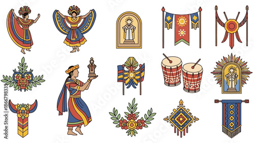 Collection of vibrant illustrations depicting cultural elements, including dancers, ceremonial objects, and symbols