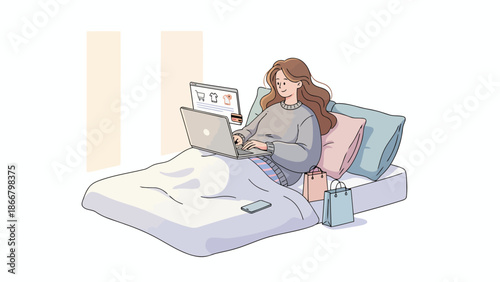 Woman Using Laptop in Bed Illustration.