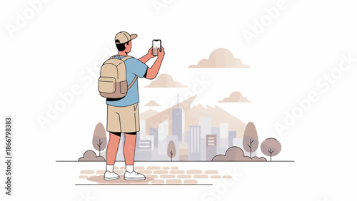 Traveler With Backpack Taking Photo In City Skyline.