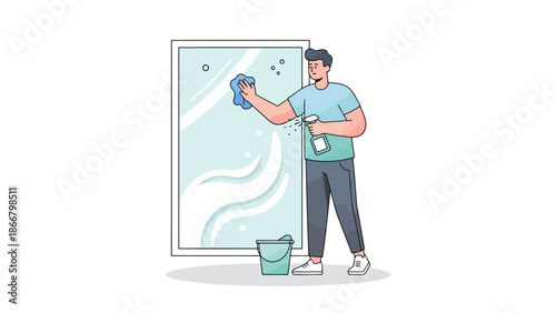 Man Cleaning Window With Squeegee And Bucket.