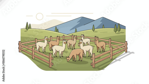 Fluffy sheep herd in a farm fenced pasture.