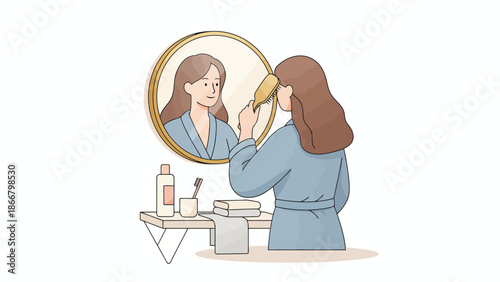 Woman Applying Makeup in Front of Mirror.
