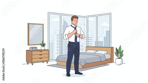 Businessman standing in a modern bedroom studio illustration.