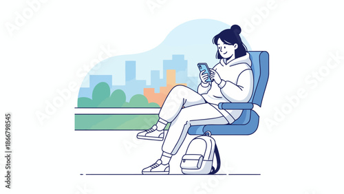 Woman seated in chair using smartphone in casual modern pose.