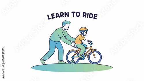 Instructor Assisting Child Learn To Ride Bicycle.