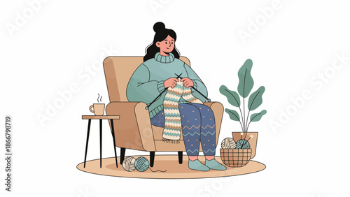 Woman Knitting Cozy Seating Portrait In Armchair.