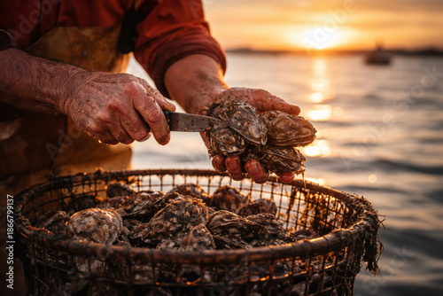 Fisherman shucking oysters over basket at sunset