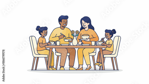 Family dining together at table scene with parents and children.