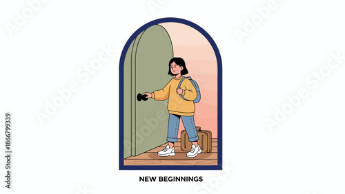 Young person stepping through doorway symbolizing new beginnings.