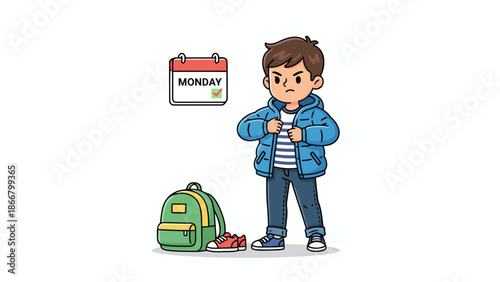 Young boy student with backpack standing beside calendar.
