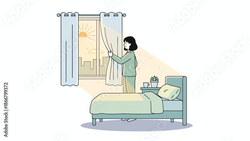 Patient in Hospital Room Adjusting Curtain by Bed.