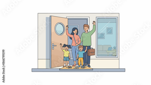 Family entering building through doorway together.