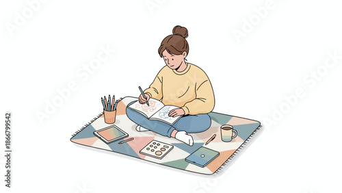 Young artist seated on floor sketching and painting detailed artwork.