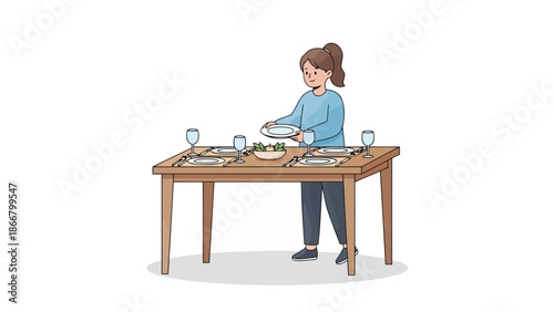 Woman Sitting at Table with Tea Set.