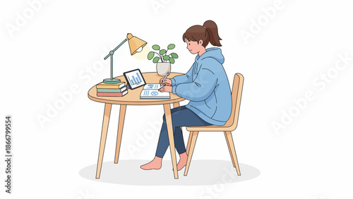 Woman working at laptop at desk in home office.
