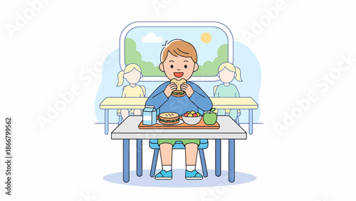 Young Child Enjoying Mealtime At Table Portrait.